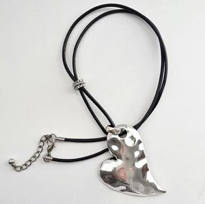 Drop Heart Necklace Silver Toned With Black Leather Rope 21 Inches